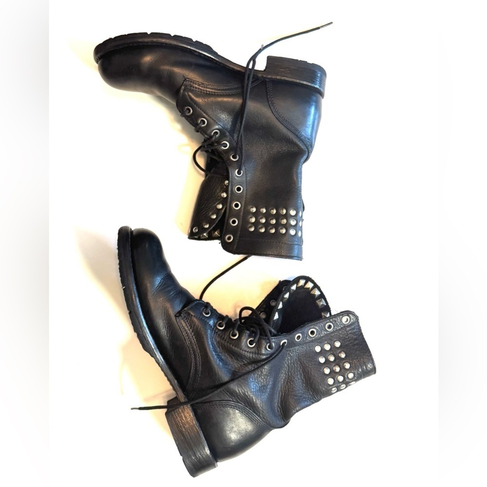 Frye Rogan Black Leather Studded Fold Over Lace Combat Ankle Boots Punk Grunge - Picture 5 of 7